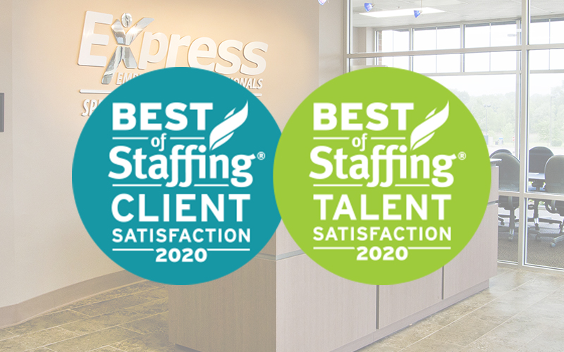 "Best of Staffing: Client and Talen Satisfaction" logos superimposed on interior Express office shot